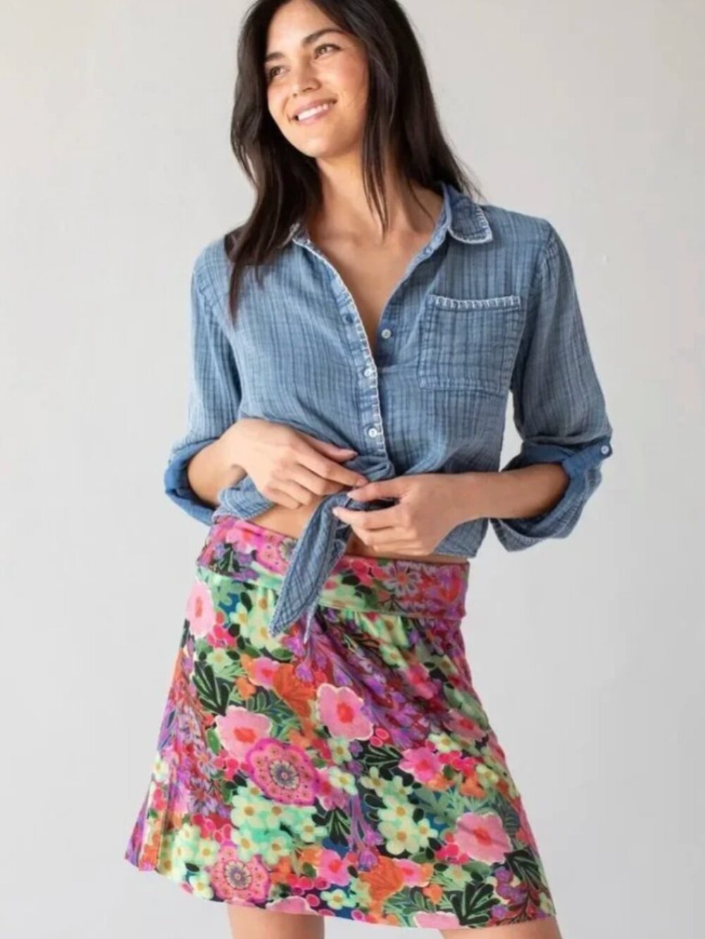 Natural Life Womens Buttersoft Mini Skirt XL Floral Stretch Fold-Over Waistband